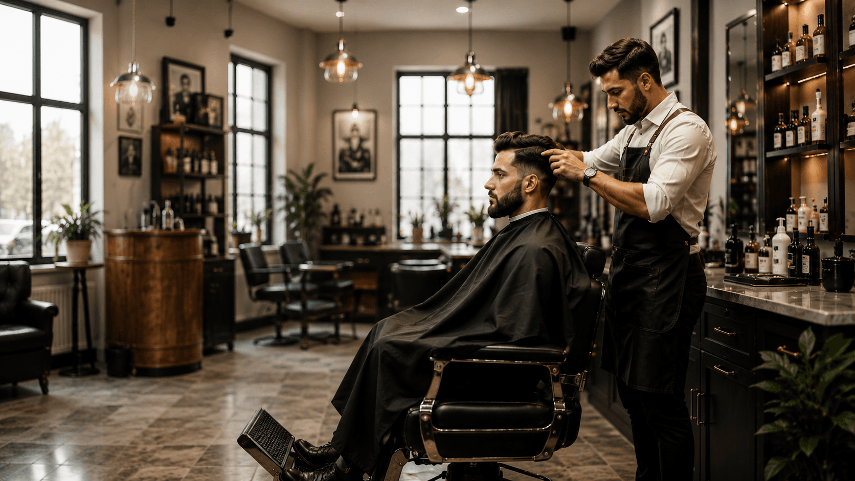 Professional barber styling hair at Loran's Gents Beauty Parlour Ramalloor